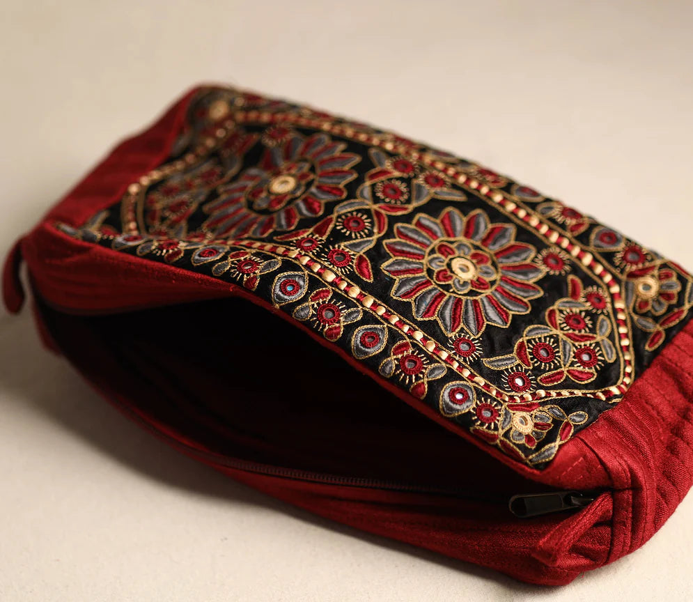 Kutch Hand-Embroidered Mashru Silk Travel Pouch