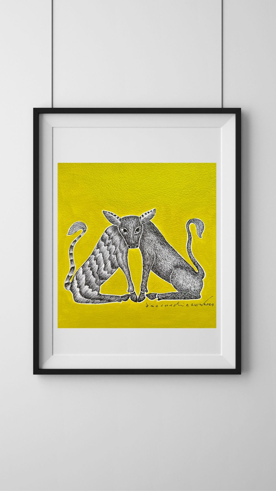 Monochrome Symphony: Gond Tales on a Limegreen Canvas