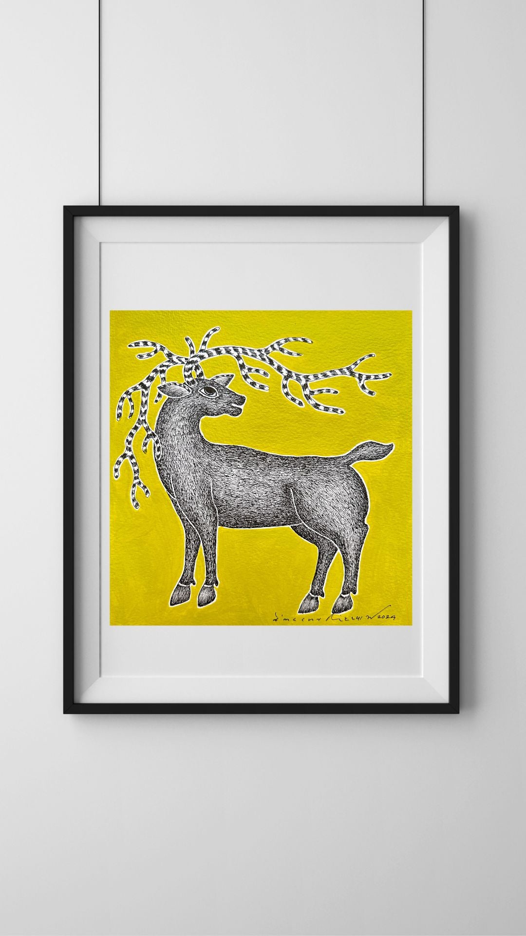 Monochrome Symphony: Gond Tales on a Limegreen Canvas