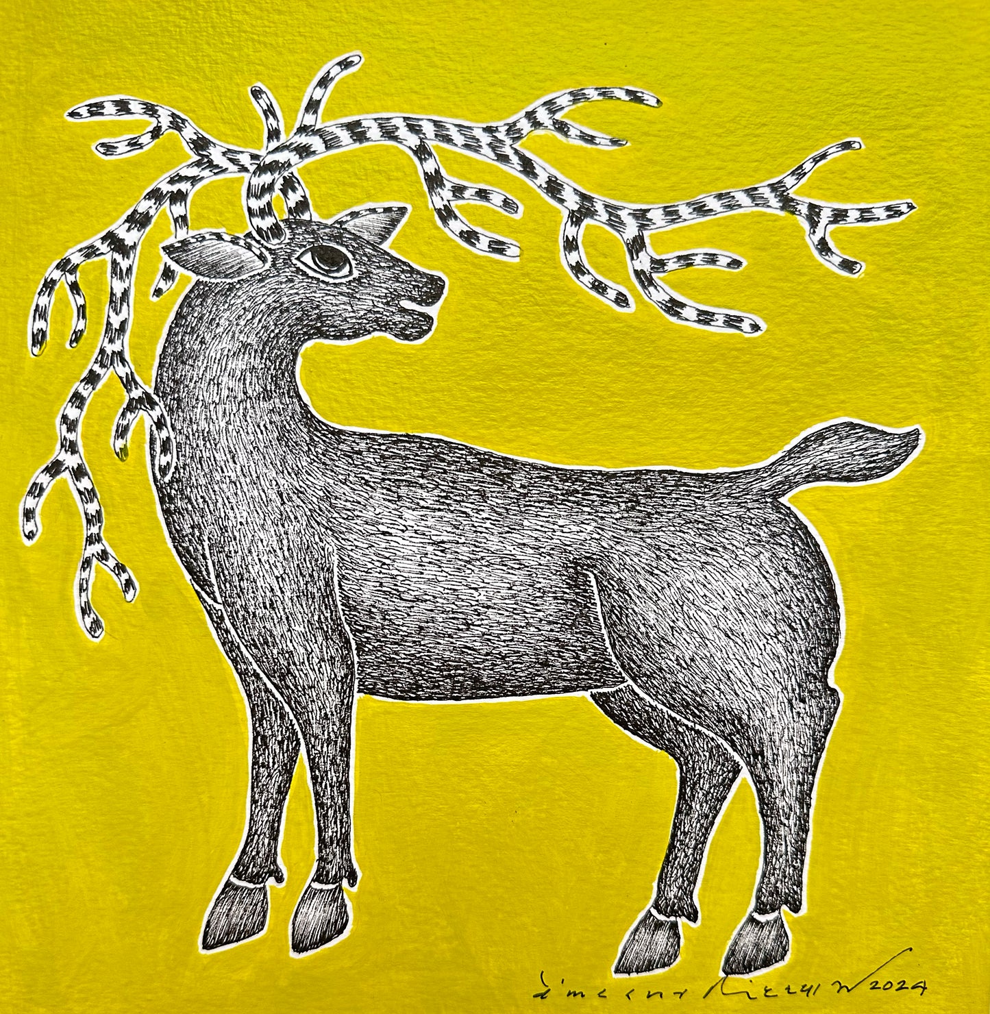 Monochrome Symphony: Gond Tales on a Limegreen Canvas