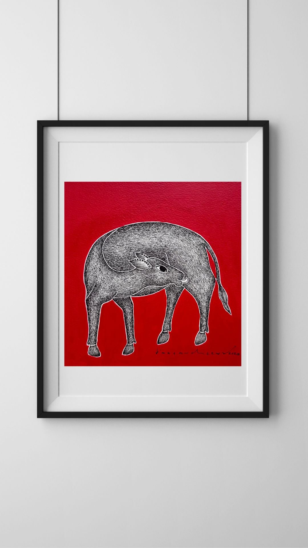 Monochrome Symphony: Gond Tales on a Crimson Canvas