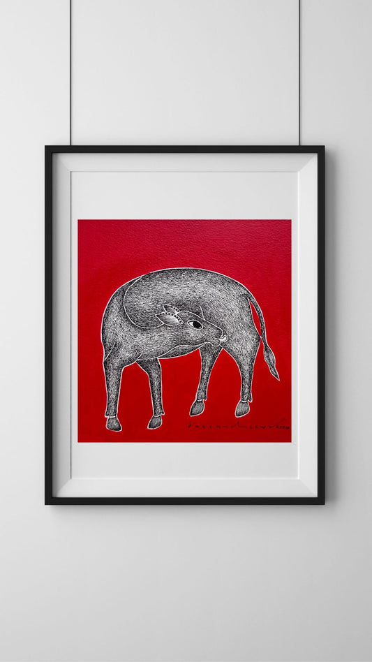 Monochrome Symphony: Gond Tales on a Crimson Canvas