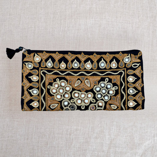 Ahir Floral Leaf Embroidered Pouch – A Unique Clutch & Organiser