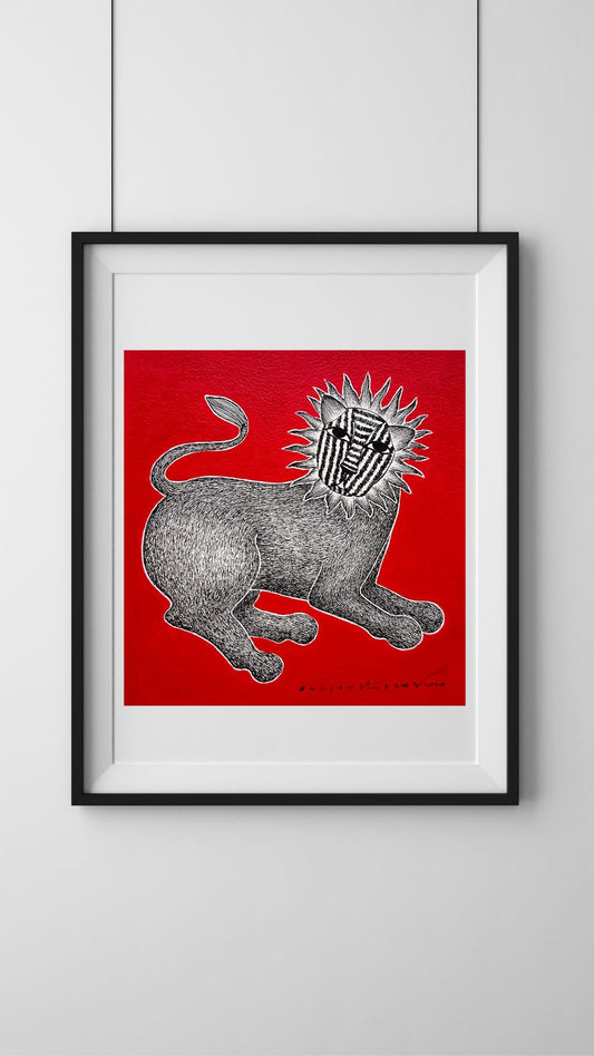 Monochrome Symphony: Gond Tales on a Crimson Canvas