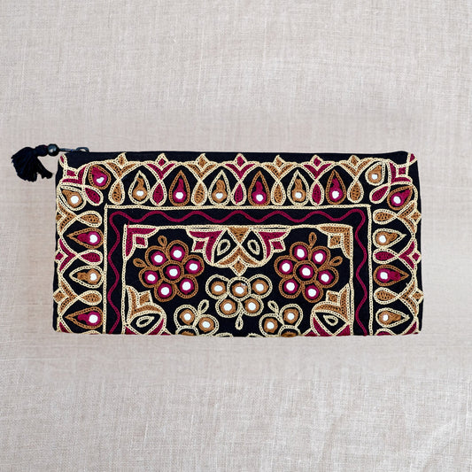 Ahir Floral Leaf Embroidered Pouch – A Unique Clutch & Organiser