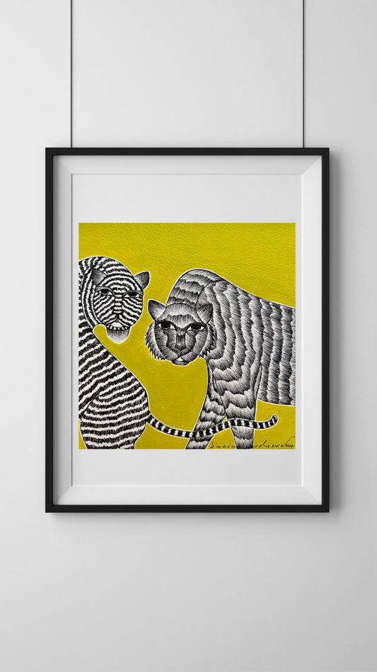 Monochrome Symphony: Gond Tales on a Limegreen Canvas