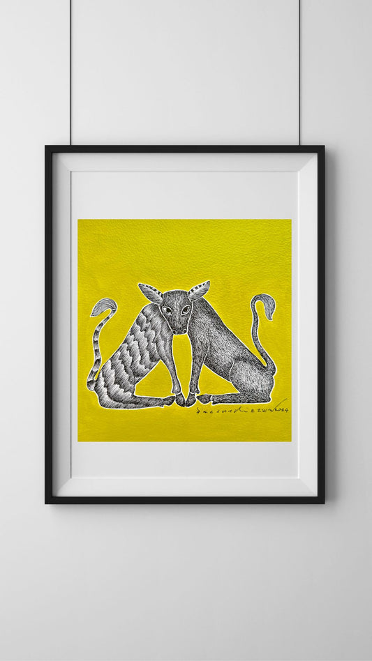Monochrome Symphony: Gond Tales on a Limegreen Canvas