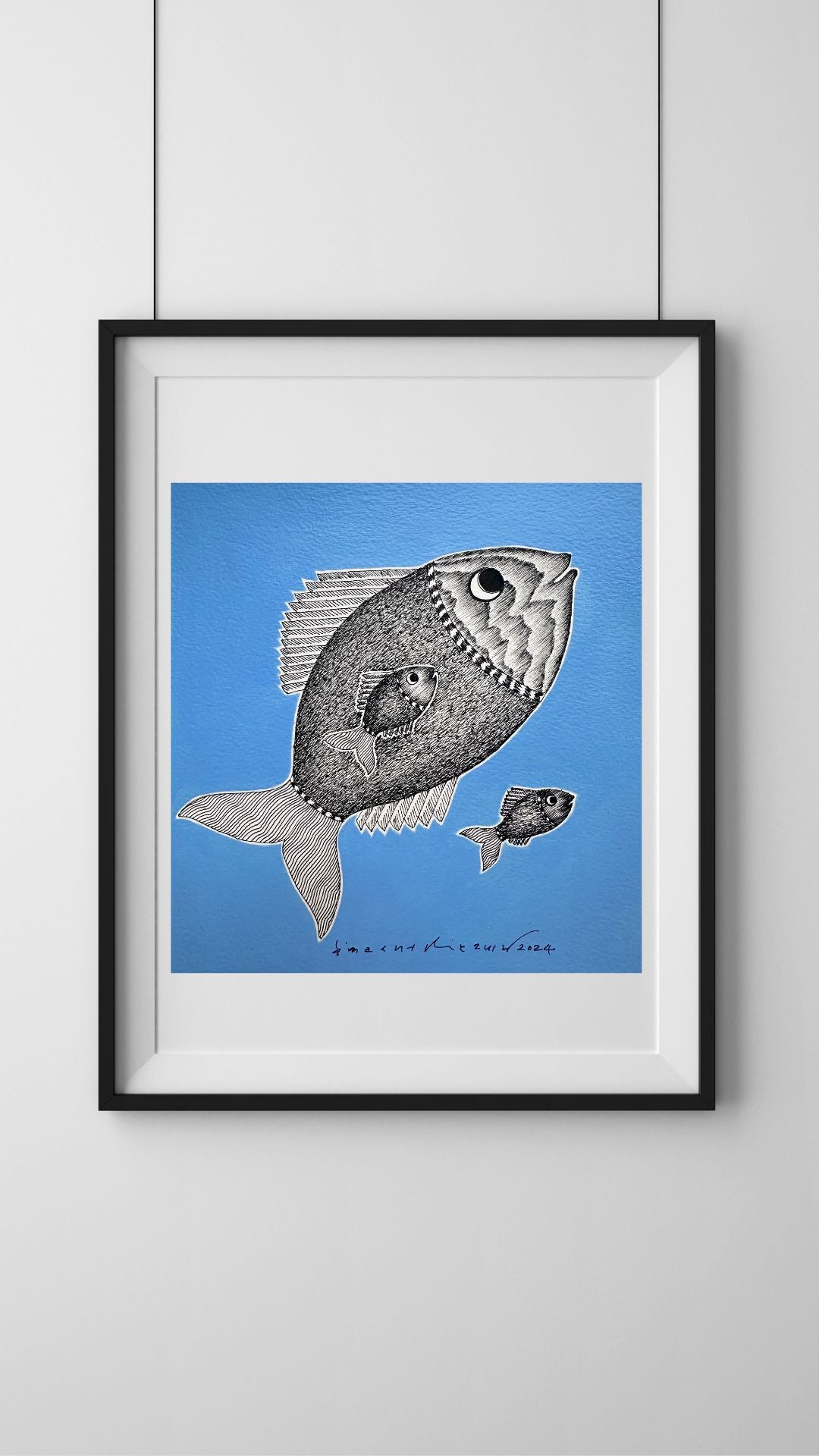 Monochrome Symphony: Gond Tales on a Light Blue Canvas