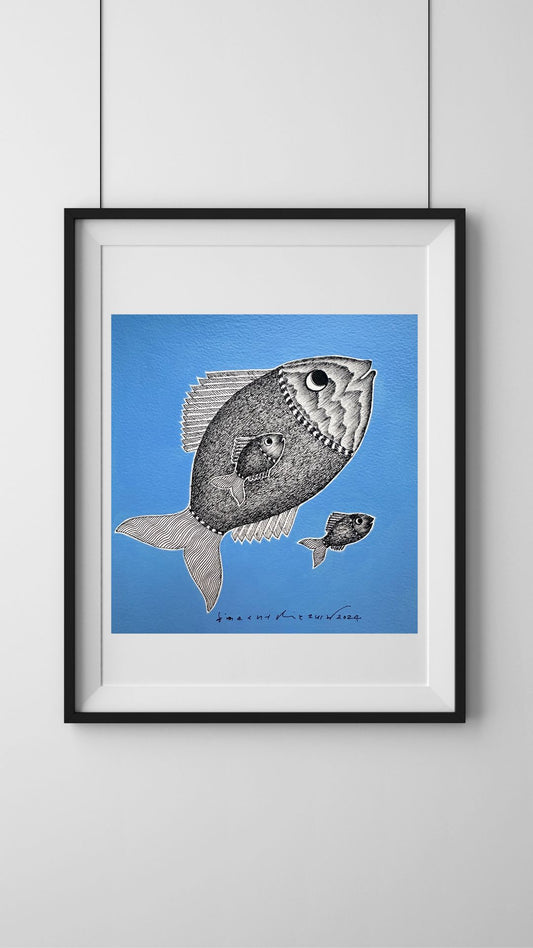 Monochrome Symphony: Gond Tales on a Light Blue Canvas