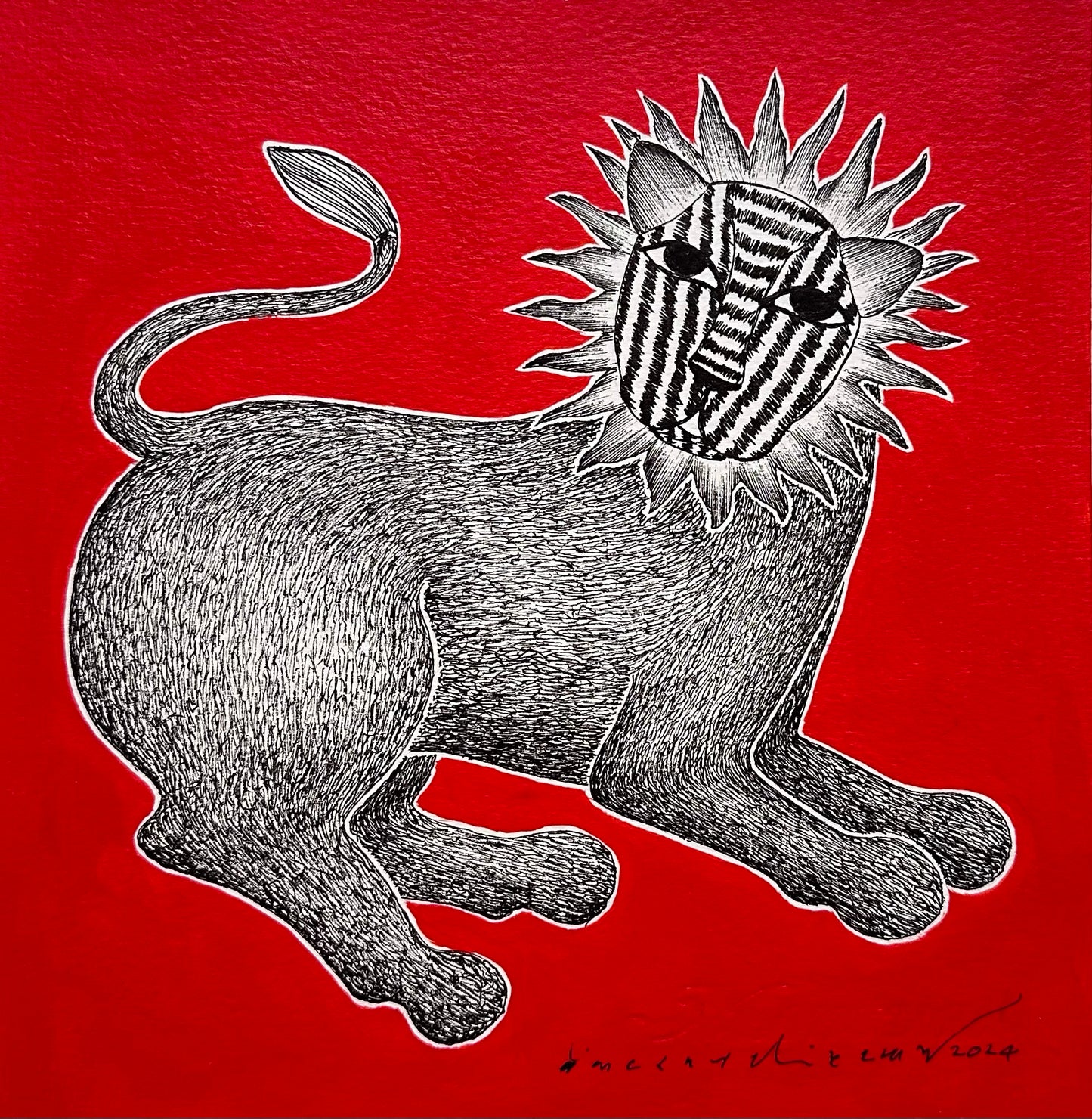 Monochrome Symphony: Gond Tales on a Crimson Canvas