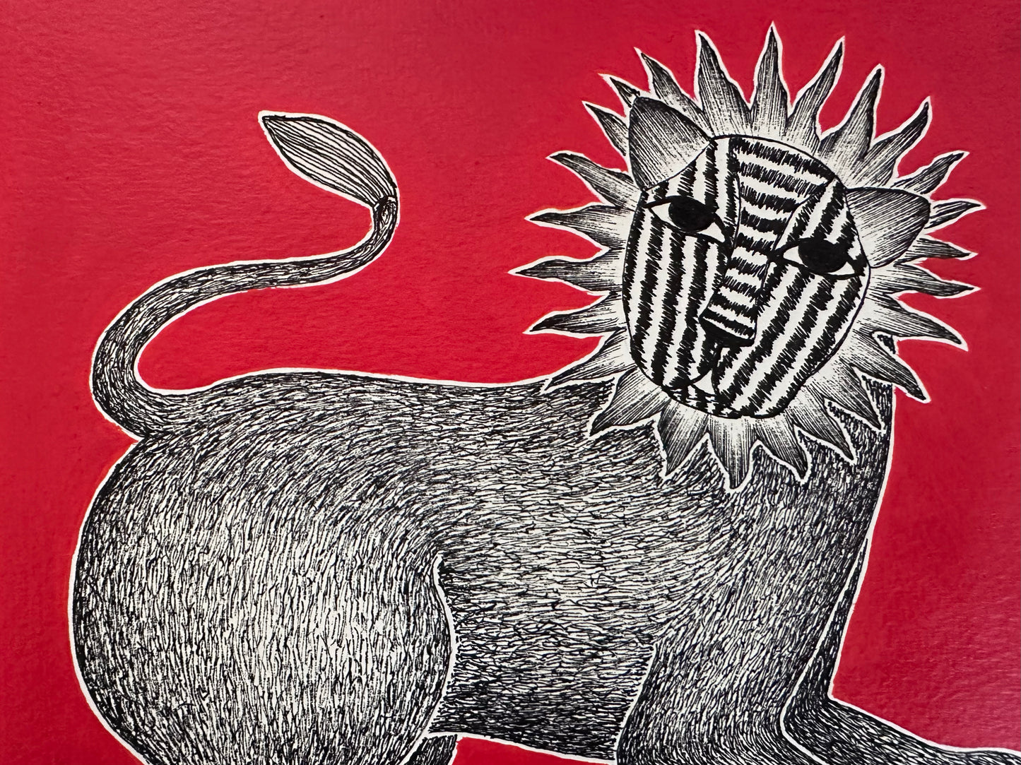 Monochrome Symphony: Gond Tales on a Crimson Canvas