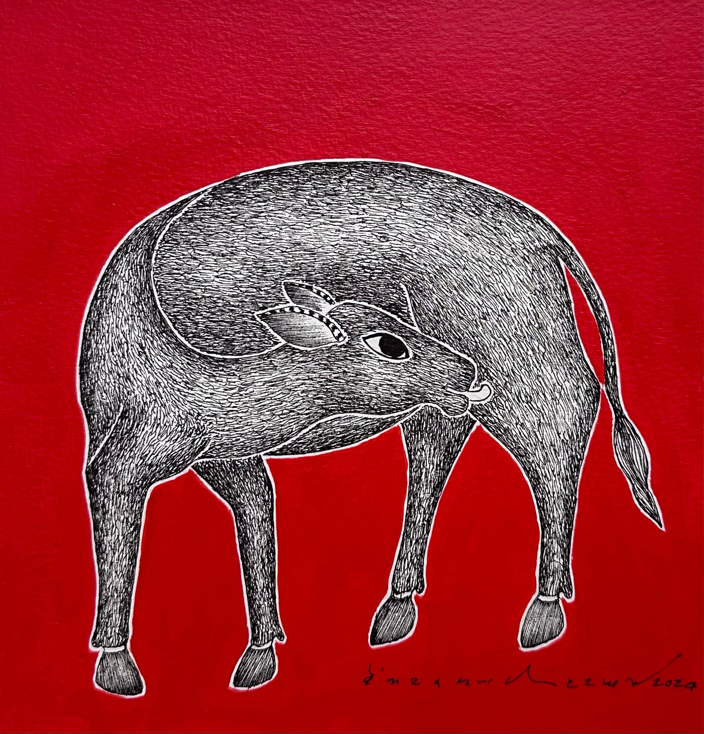 Monochrome Symphony: Gond Tales on a Crimson Canvas