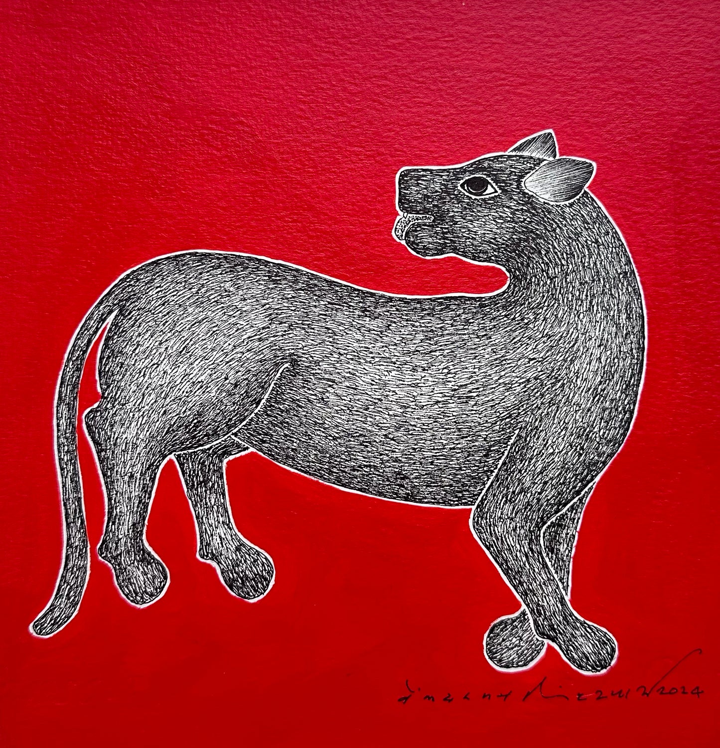 Monochrome Symphony: Gond Tales on a Crimson Canvas