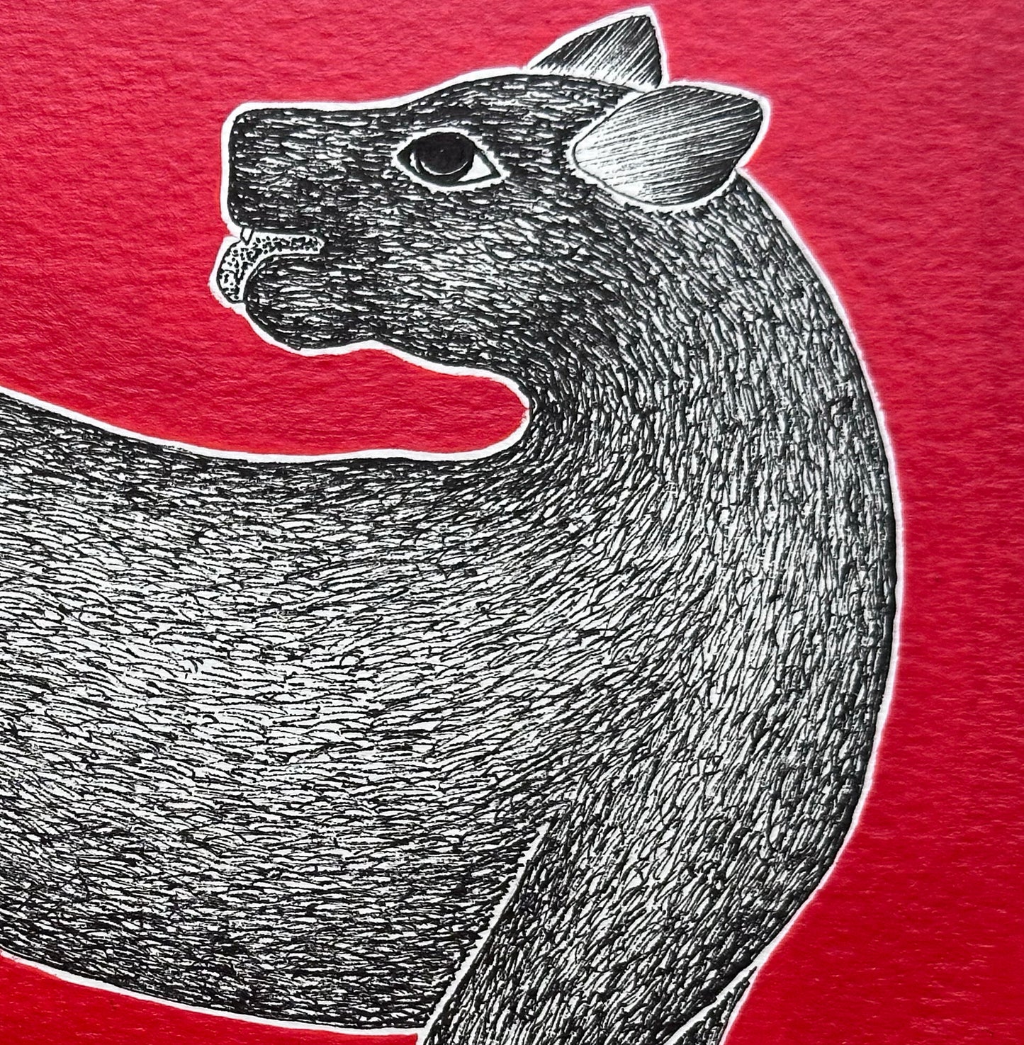 Monochrome Symphony: Gond Tales on a Crimson Canvas