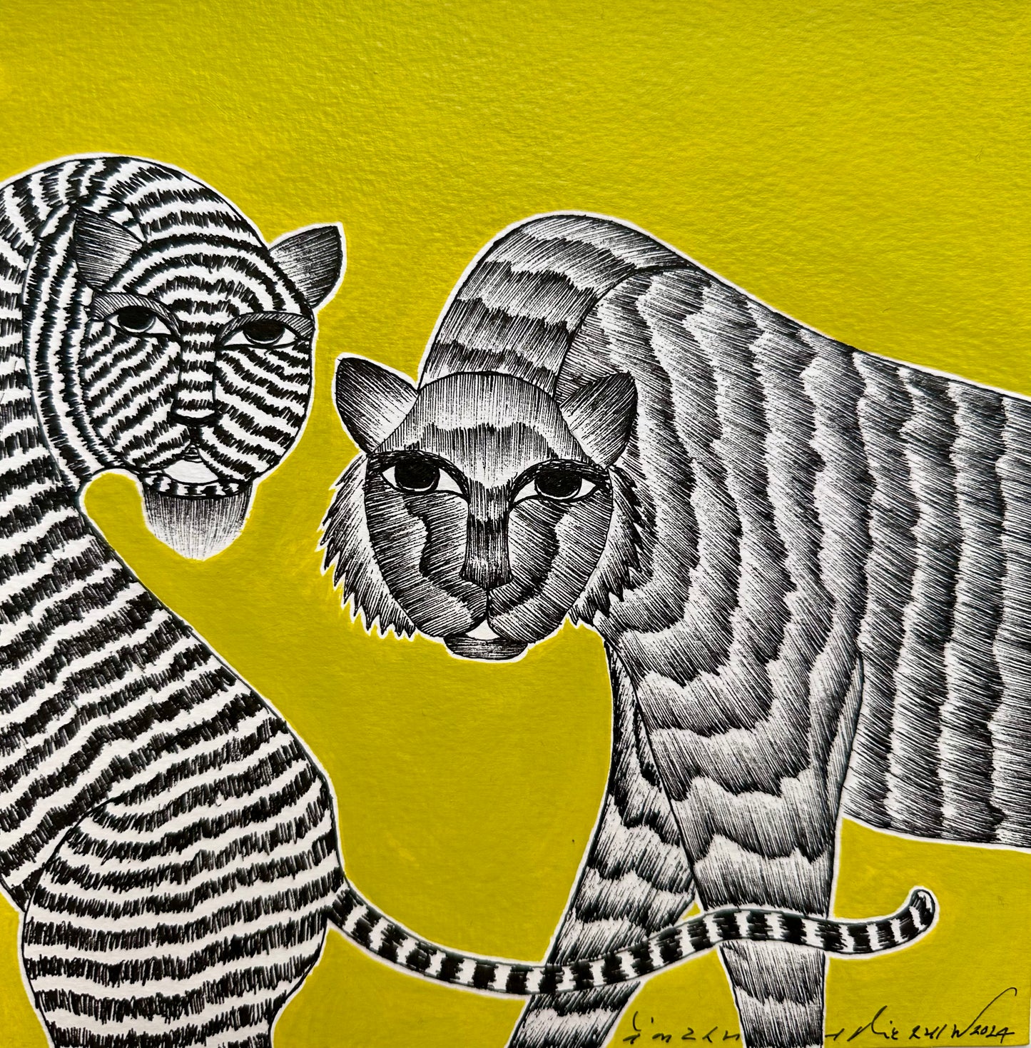Monochrome Symphony: Gond Tales on a Limegreen Canvas