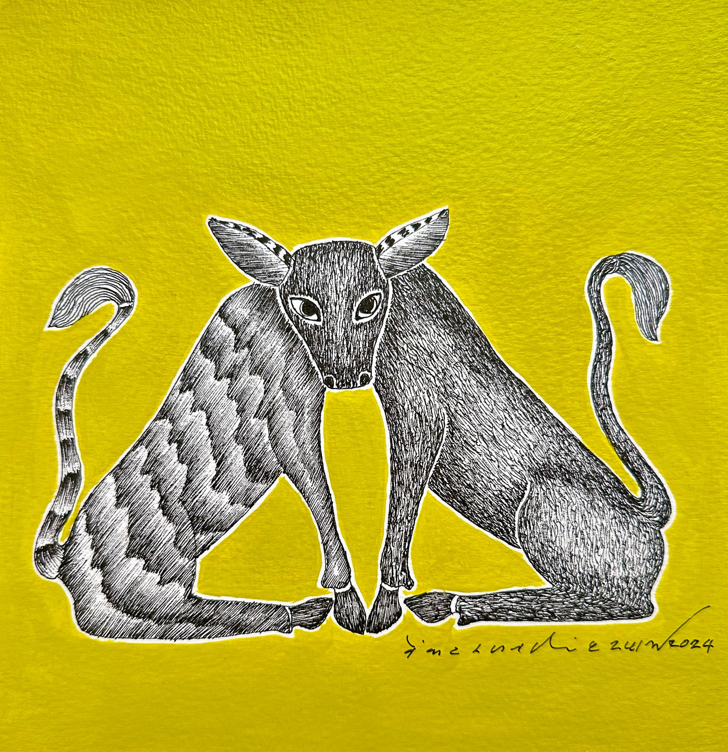 Monochrome Symphony: Gond Tales on a Limegreen Canvas