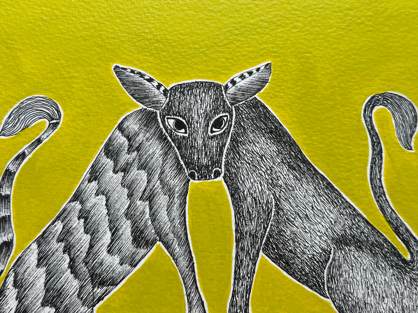 Monochrome Symphony: Gond Tales on a Limegreen Canvas
