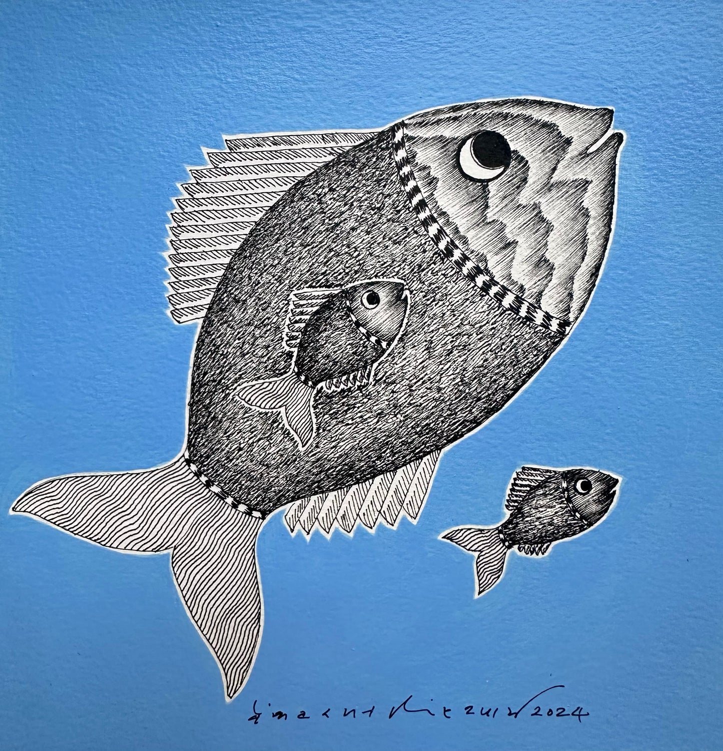 Monochrome Symphony: Gond Tales on a Light Blue Canvas