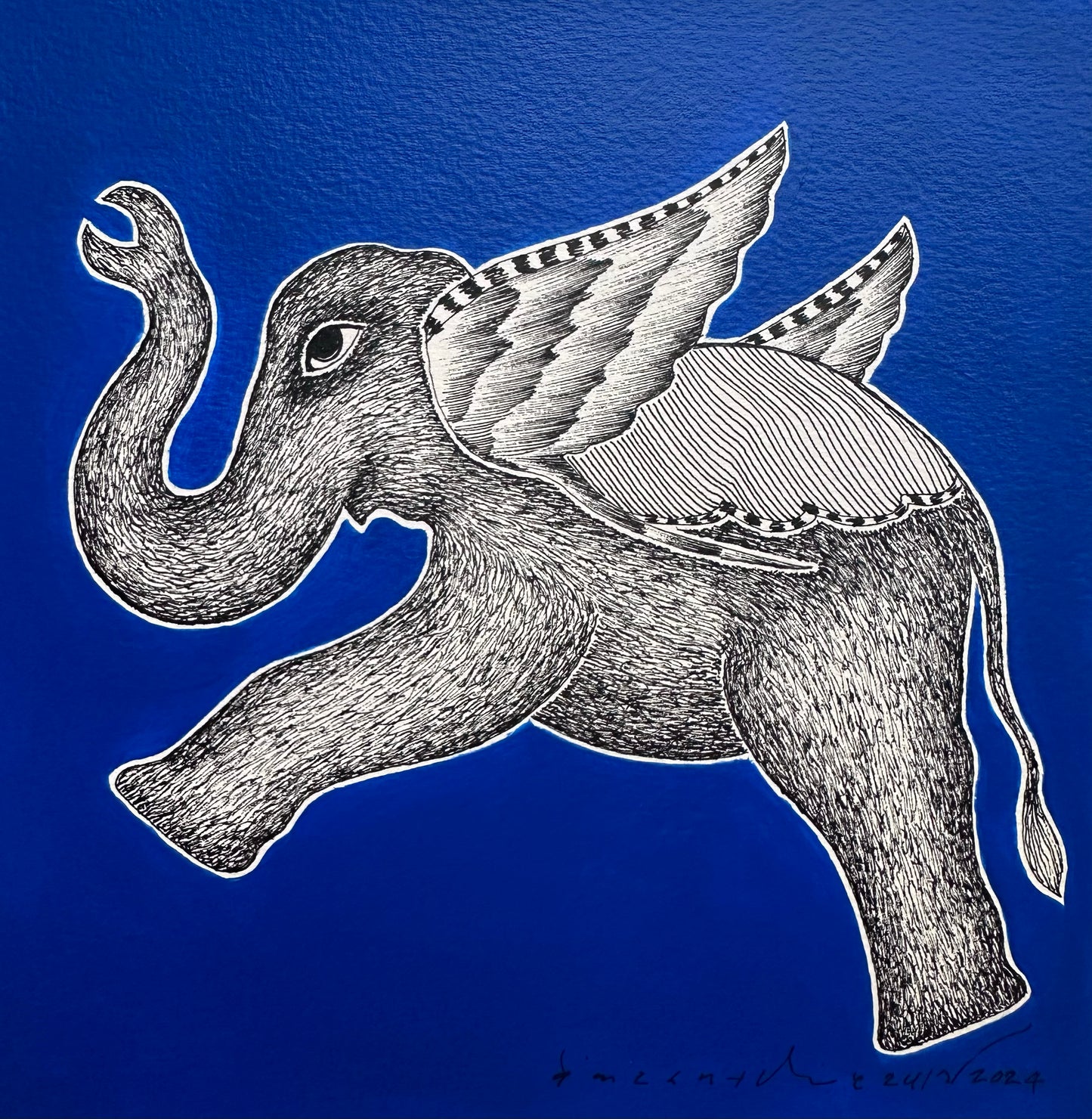 Monochrome Symphony: Gond Tales on a Blue Canvas