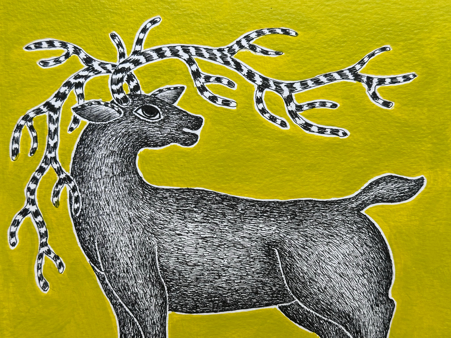 Monochrome Symphony: Gond Tales on a Limegreen Canvas