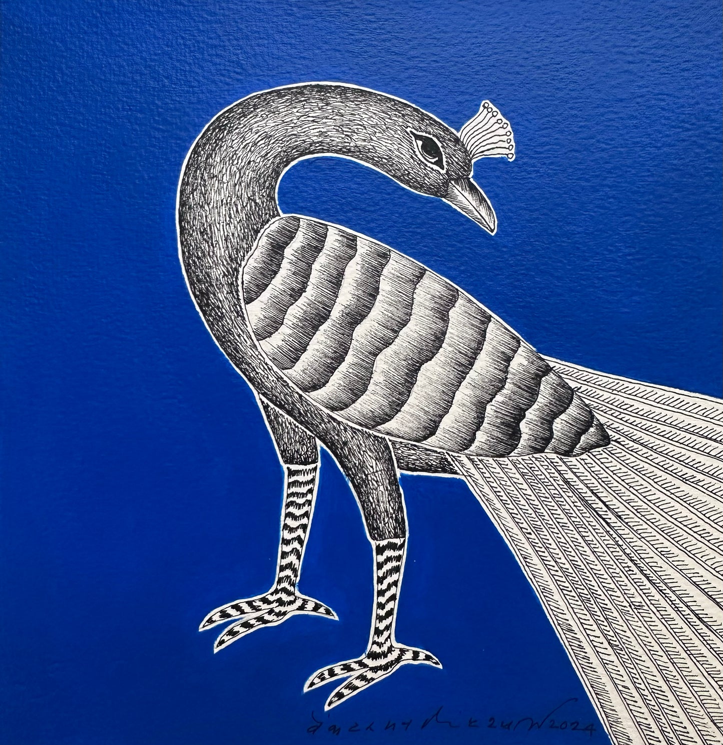 Monochrome Symphony: Gond Tales on a Blue Canvas