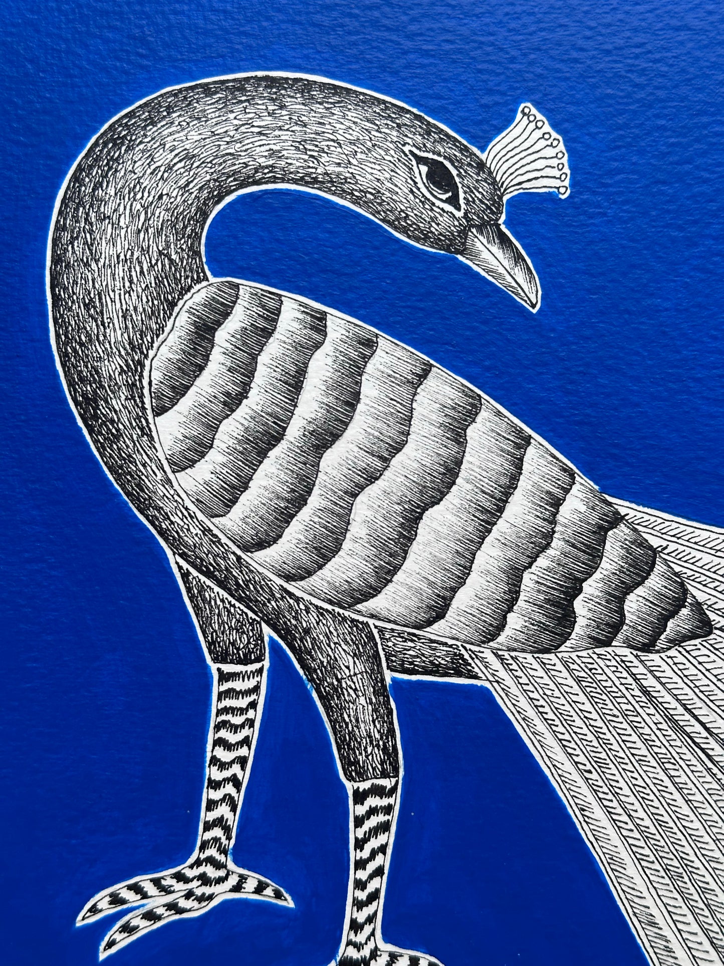 Monochrome Symphony: Gond Tales on a Blue Canvas